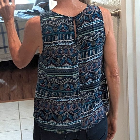 Elodie sleeveless teal-blue-black-magenta geometric scoop-neck tank top Sz M-L - Picture 5 of 11